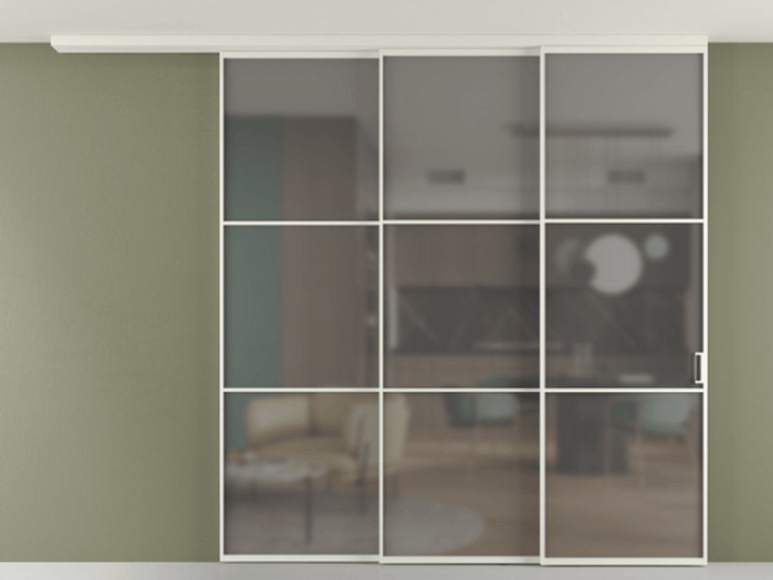 Перегородка Formato вдоль стены на потолок телескопик синхро 3 АЛПР 040.03 Алюминий Белый Сатинированное серое стекло, триплекс Цена 2863170 AMD | Volhovec