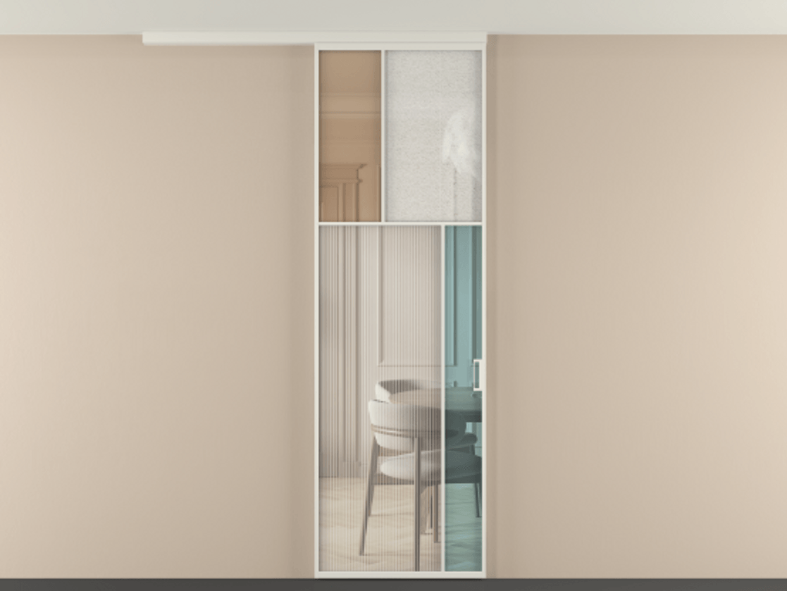 Перегородка Mosaic вдоль стены на потолок 1 створка АЛПР 041.23 Алюминий Белый Комбинация стекол Группы 1 и Группы 3 Цена 135560 ₽ | Volhovec