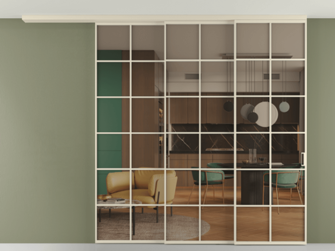 Перегородка Formato вдоль стены на потолок 3 створки с синхронным механизмом АЛПР 040.05 Алюминий бежево-серый Прозрачное бронзовое стекло, триплекс Цена 403278 ₽ | Volhovec