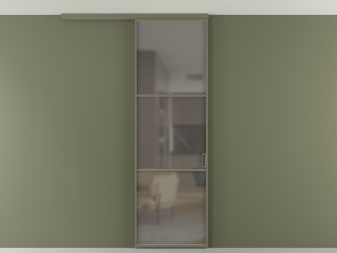 Перегородка Формато вдоль стены на потолок 1 створка АЛПР 040.03 Алюминий оливковый тёмный Сатинированное серое стекло, триплекс Цена 100988 ₽ | Volhovec