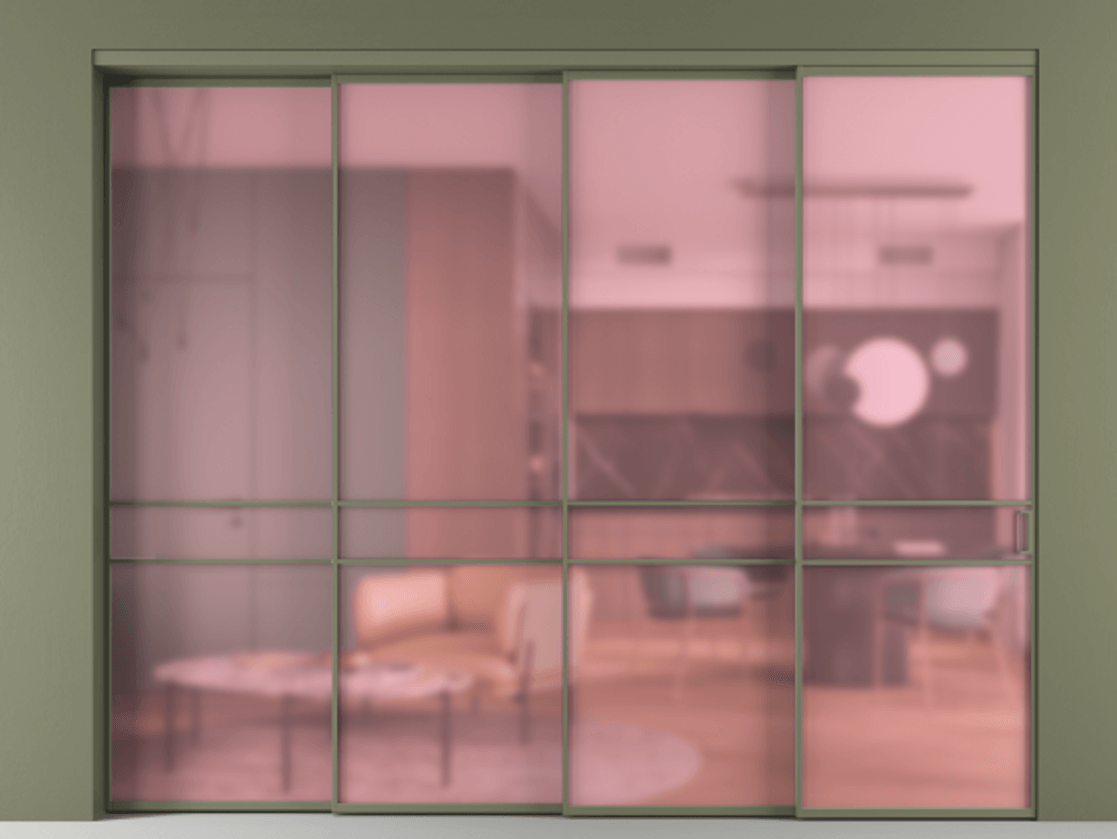 Перегородка Formato внутри проёма 4 створки с синхронным механизмом АЛПР 040.02 Алюминий оливковый тёмный Сатинированное розовое стекло, триплекс. Цена 3026000 AMD 1. Полотно 4 шт. (800/2100 мм)
2. Комплект установки раздвижной системы
3. Базовый комплект фурнитуры
4. Комплект фурнитуры телескопик синхро-3
5. Ручка RONDO
. Фабрика дверей Волховец 8 (800) 551 43 19 Перегородка Formato внутри проёма 4 створки с синхронным механизмом АЛПР 040.02 Алюминий оливковый тёмный Сатинированное розовое стекло, триплекс Цена 3026000 AMD | Volhovec