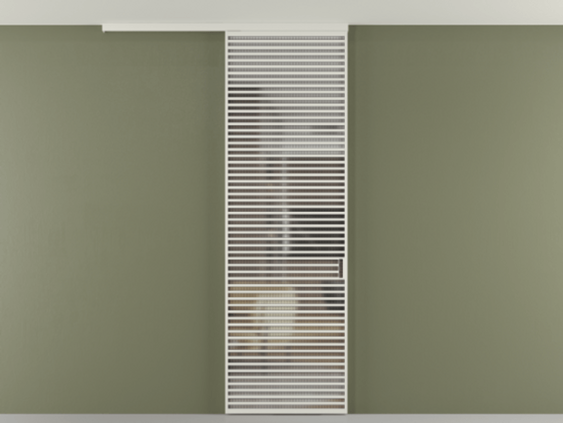 Перегородка Formato вдоль стены на потолок одностворчатая АЛПР 040.07 Алюминий Белый Декоративное стекло с сеткой "Mesh silver", триплекс, 6 мм Цена 1423930 AMD | Volhovec