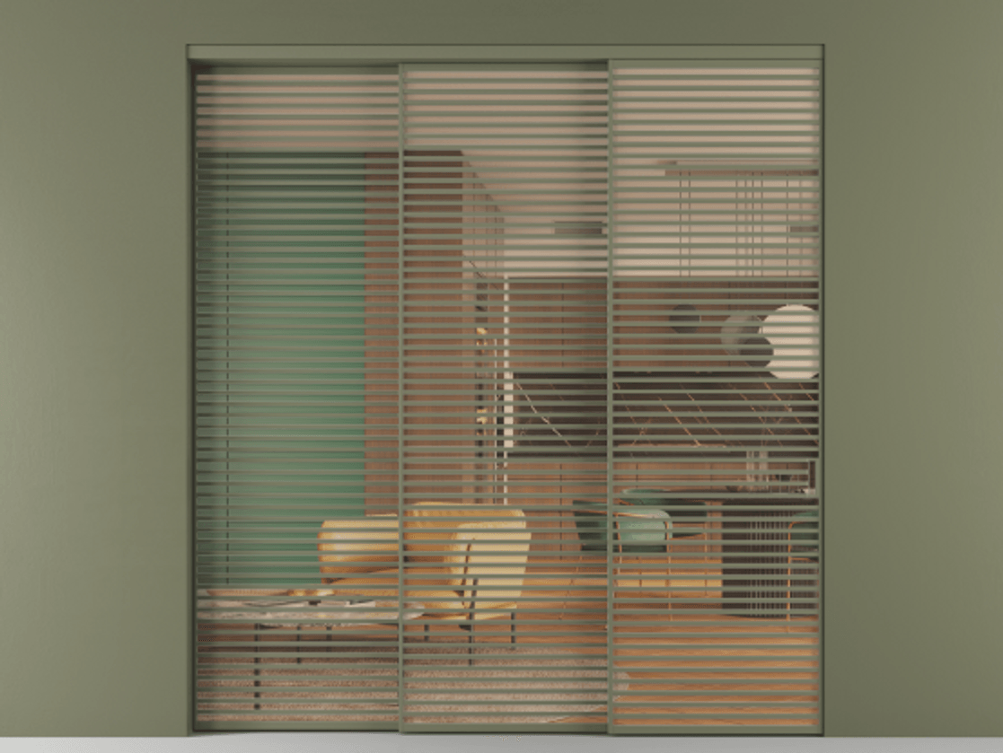 Перегородка Formato внутри проёма 3 створки с синхронным механизмом АЛПР 040.07 Алюминий оливковый тёмный Прозрачное оранжевое стекло, триплекс Цена 3909800 AMD  | Volhovec