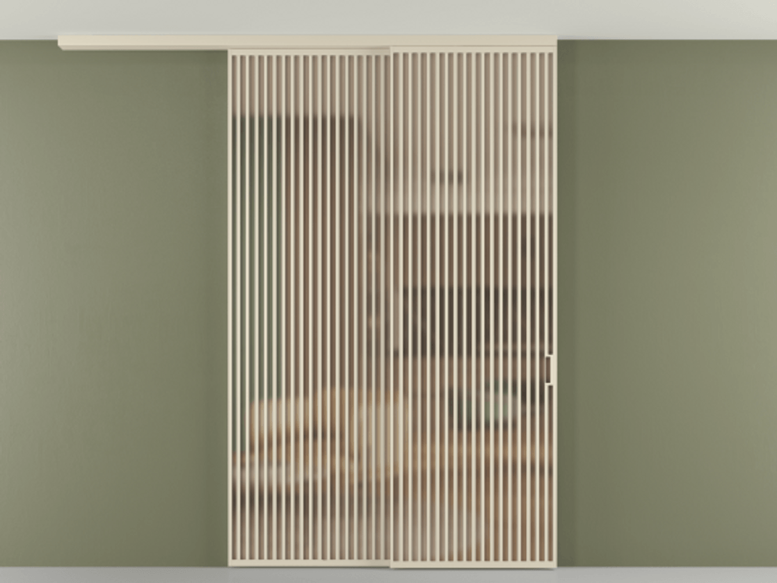 Перегородка Formato вдоль стены на потолок 2 створки с синхронным механизмом АЛПР 040.06 Алюминий бежево-серый Сатинированное оранжевое стекло, триплекс Цена 526620 ₽ | Volhovec