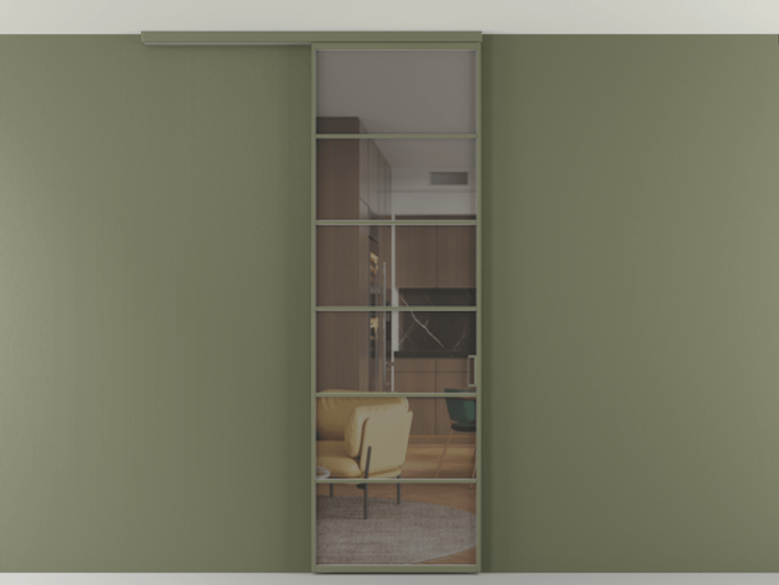 Перегородка Формато вдоль стены на потолок 1 створка АЛПР 040.04 Алюминий оливковый тёмный Прозрачное серое стекло, триплекс Цена 727350 AMD | Volhovec