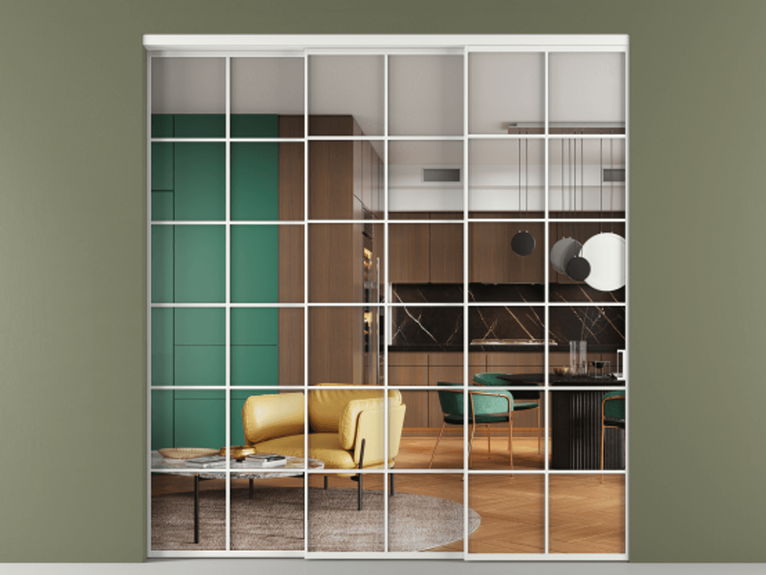 Перегородка Формато внутри проёма 3 створки с синхронным механизмом АЛПР 040.05 Алюминий белоснежный Прозрачное стекло "Кристал Вижн", калёное Цена 2947130 AMD  | Volhovec