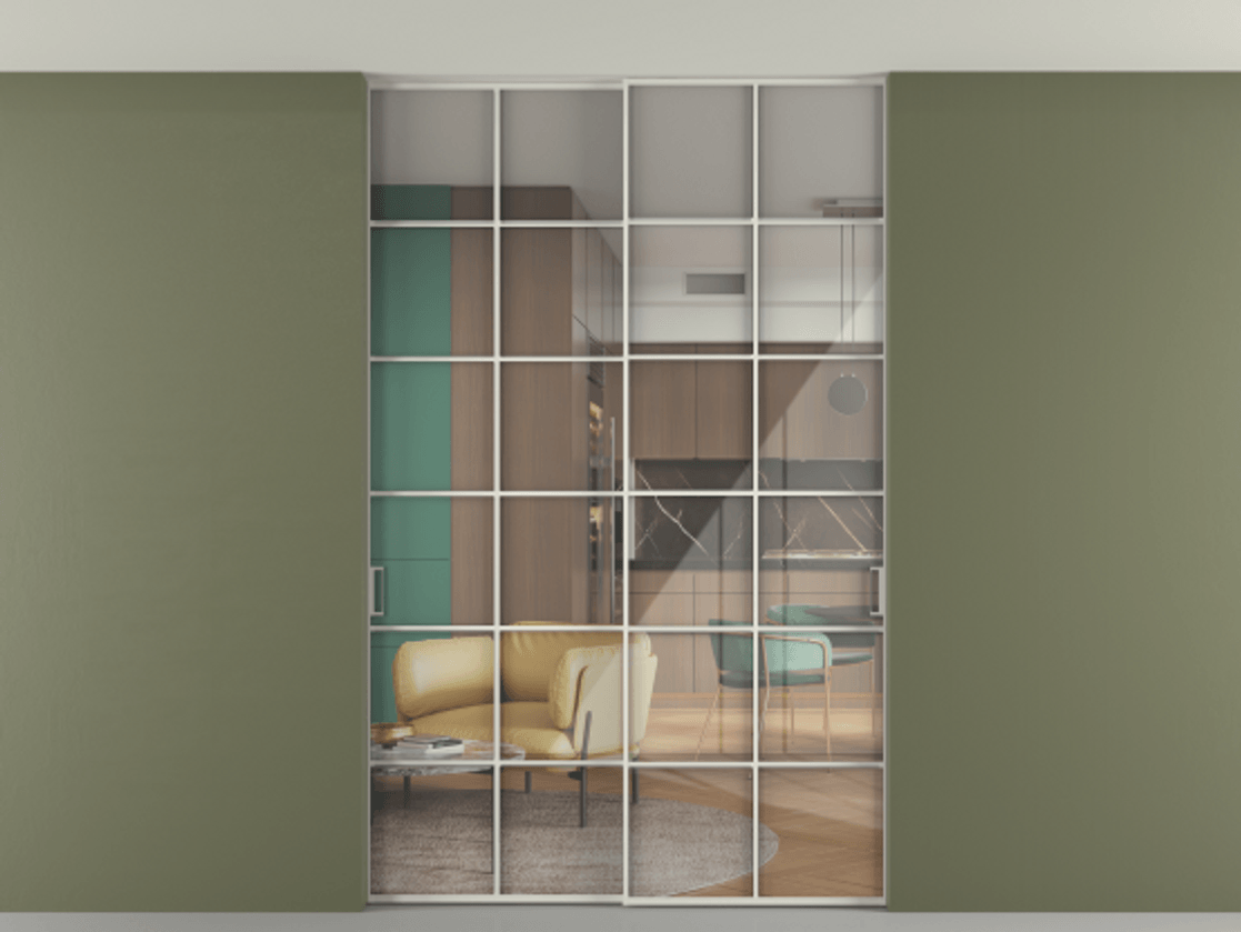 Перегородка Формато внутри проёма скрытое крепление в потолок 2 створки АЛПР 040.05 Алюминий Белый Рефлективное прозрачное стекло "Стопсол", калёное Цена 313880 ₽ | Volhovec