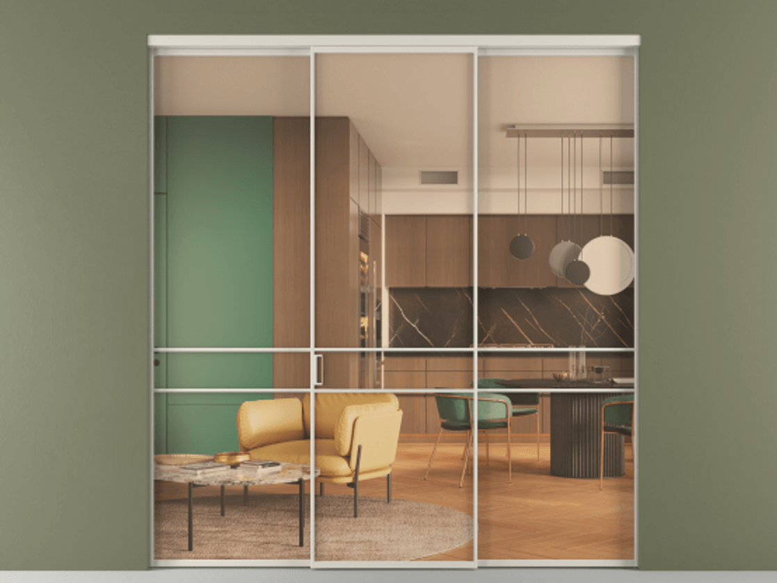 Перегородка Формато внутри проёма 3 створки АЛПР 040.02 Алюминий облачно-серый Прозрачное оранжевое стекло, триплекс Цена 1600200 AMD | Volhovec