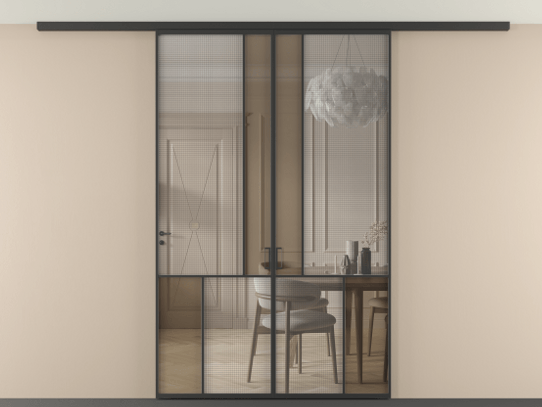 Перегородка Mosaic вдоль стены на потолок двустворчатая АЛПР 041.20 Алюминий Черный Декоративное стекло с сеткой "Mesh silver", триплекс, 6 мм + Прозрачное бронзовое стекло, триплекс, 6 мм Цена 249920 ₽ | Volhovec