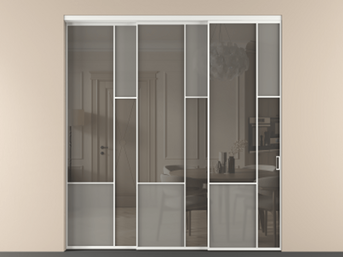 Перегородка Mosaic внутри проёма 3 створки с синхронным механизмом АЛПР 041.12 Алюминий белоснежный Сатинированное серое стекло, триплекс, 6 мм + Прозрачное серое стекло, триплекс Цена 2949760 AMD | Volhovec