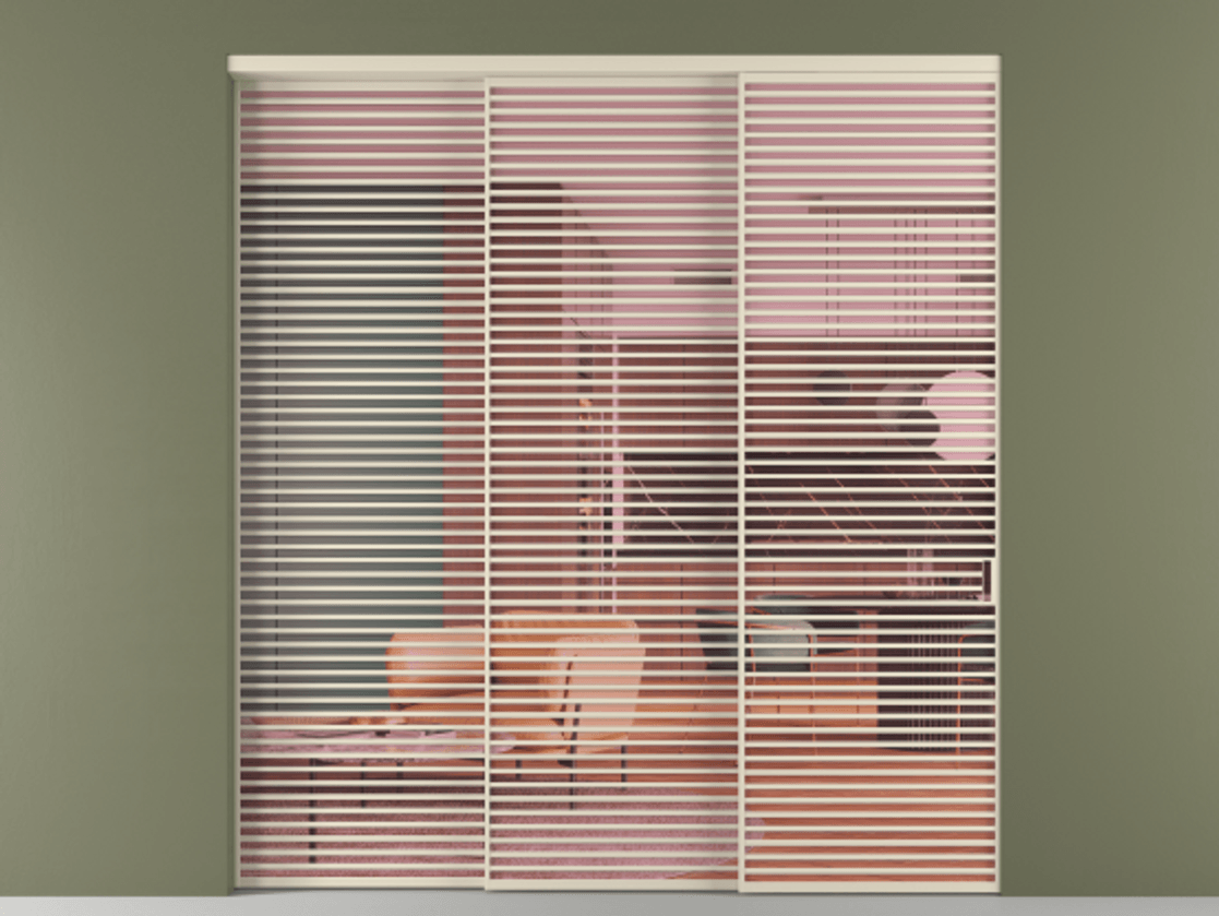 Перегородка Formato внутри проёма 3 створки с синхронным механизмом АЛПР 040.07 Алюминий бежево-серый Прозрачное розовое стекло, триплекс Цена 4610200 AMD  | Volhovec