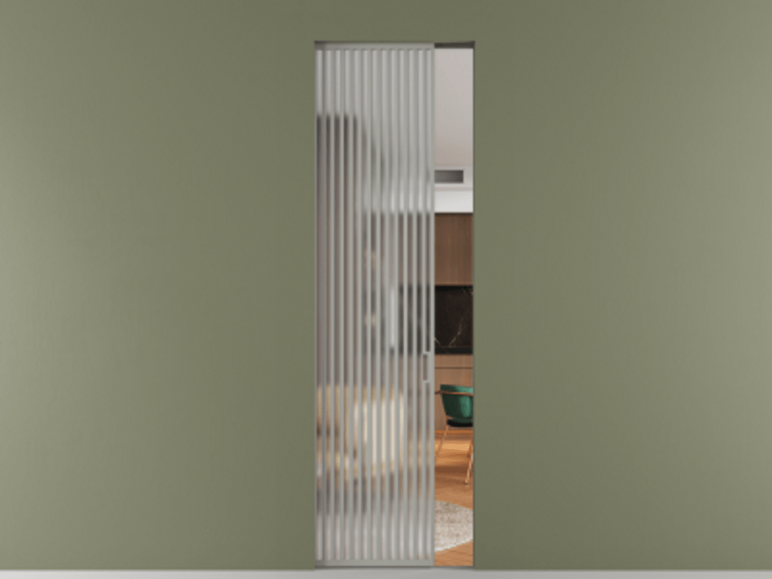 Перегородка Формато скрытый пенал 1 створка АЛПР 040.06 Алюминий нейтральный серый Сатинированное стекло "Мателюкс Кристал Вижн", калёное, матовое, каленое 6 мм Цена 1864040 AMD | Volhovec