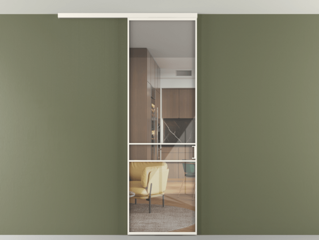 Перегородка Formato вдоль стены на потолок 1 створка АЛПР 040.02 Алюминий пудровый белый Рефлективное прозрачное стекло "Стопсол", калёное Цена 846440 AMD | Volhovec