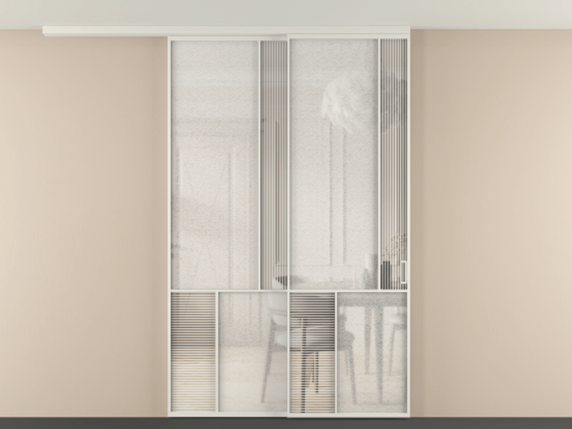 Перегородка Mosaic вдоль стены на потолок 2 створки с синхронным механизмом АЛПР 041.21 Алюминий Белый Рифлёное стекло "Дюна", триплекс, 6 мм + Фактурное стекло "Лёд", триплекс Цена 2330190 AMD | Volhovec