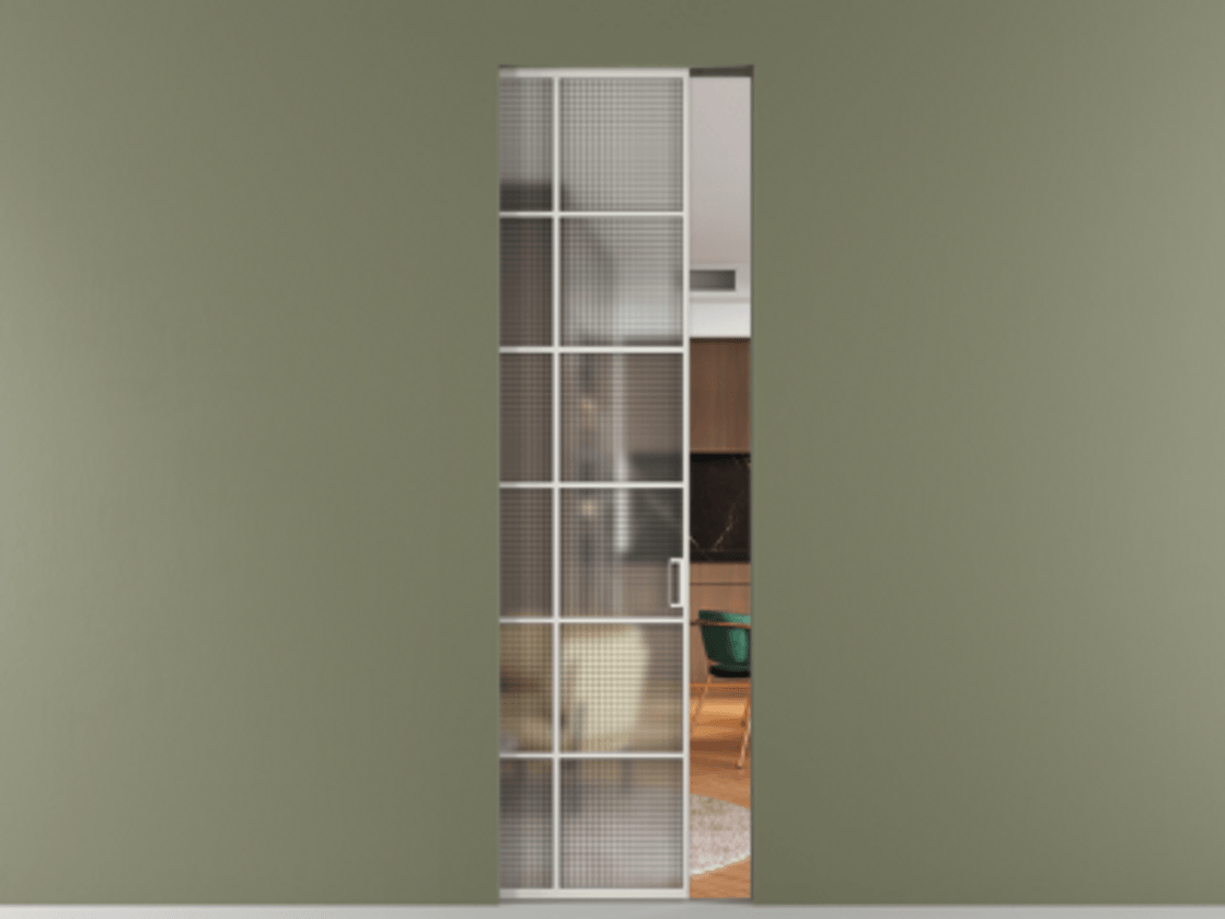 Перегородка Formato скрытый пенал 1 створка АЛПР 040.05 Алюминий Белый Декоративное стекло с сеткой "Mesh silver", триплекс Цена 1228800 AMD | Volhovec