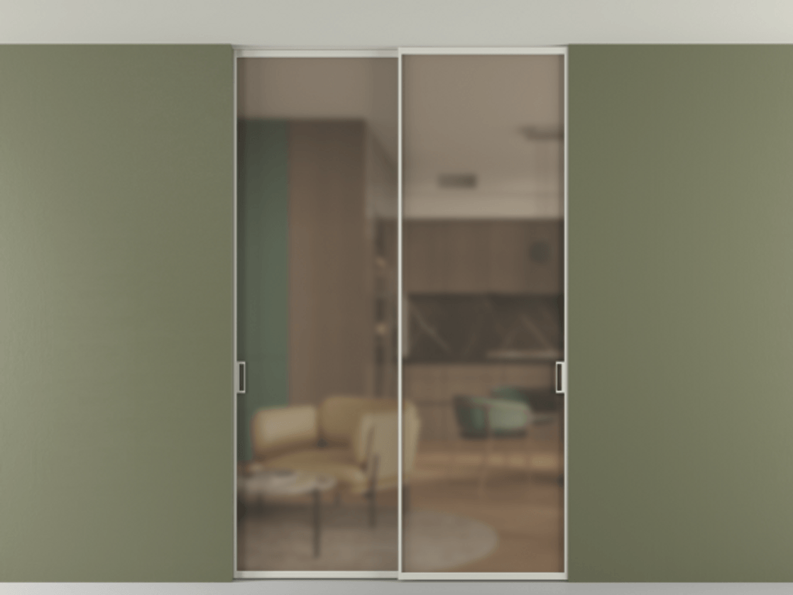 Перегородка Формато внутри проёма скрытое крепление в потолок 2 створки АЛПР 040.01 Алюминий тёплый серый Сатинированное бронзовое стекло, триплекс Цена 1613870 AMD | Volhovec