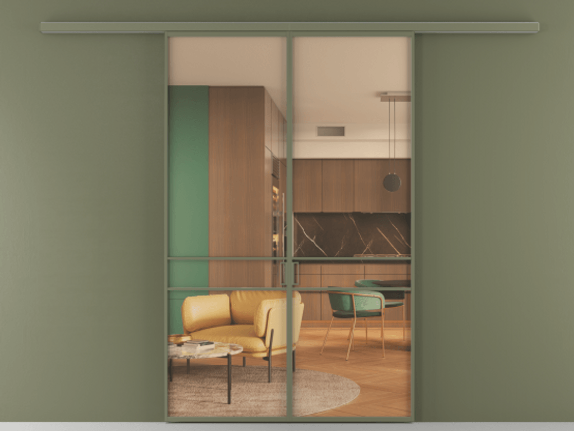 Перегородка Formato вдоль стены 2 створки АЛПР 040.02 Алюминий оливковый тёмный Прозрачное оранжевое стекло, триплекс Цена 1368800 AMD | Volhovec