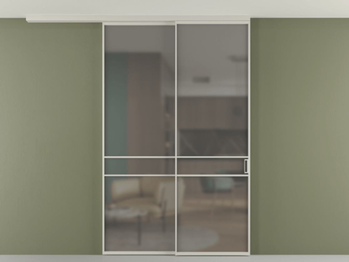 Перегородка Формато вдоль стены на потолок 2 створки с синхронным механизмом АЛПР 040.02 Алюминий тёплый серый Сатинированное серое стекло, триплекс Цена 2097520 AMD | Volhovec