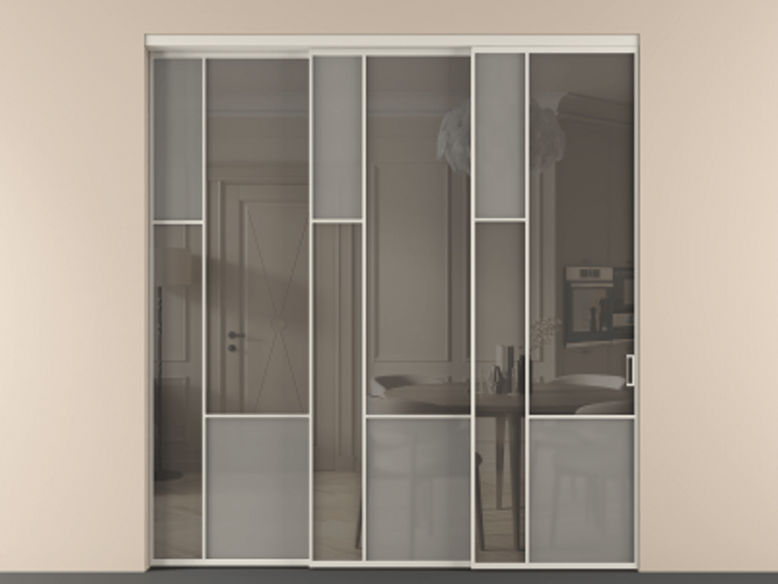 Перегородка Мозаик внутри проёма 3 створки с синхронным механизмом АЛПР 041.13 Алюминий облачно-серый Сатинированное серое стекло, триплекс, 6 мм + Прозрачное серое стекло, триплекс Цена 2949760 AMD | Volhovec