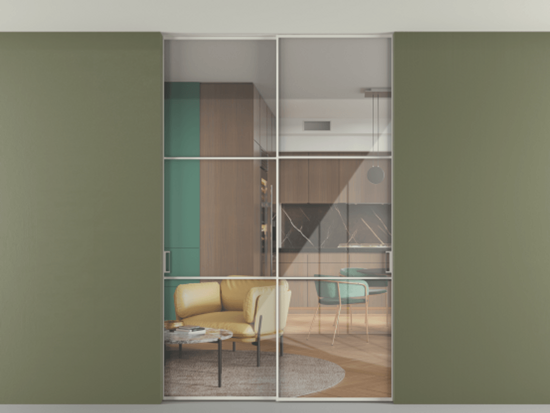 Перегородка Формато внутри проёма скрытое крепление в потолок 2 створки АЛПР 040.03 Алюминий Белый Рефлективное прозрачное стекло "Стопсол", калёное Цена 2007010 AMD | Volhovec