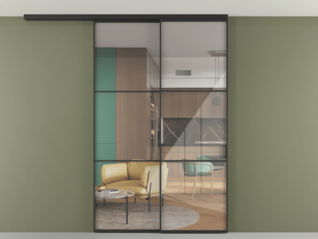 Перегородка Формато вдоль стены на потолок 2 створки с синхронным механизмом АЛПР 040.03 Алюминий Черный Рефлективное прозрачное стекло "Стопсол", калёное Цена 16270 AZE | Volhovec