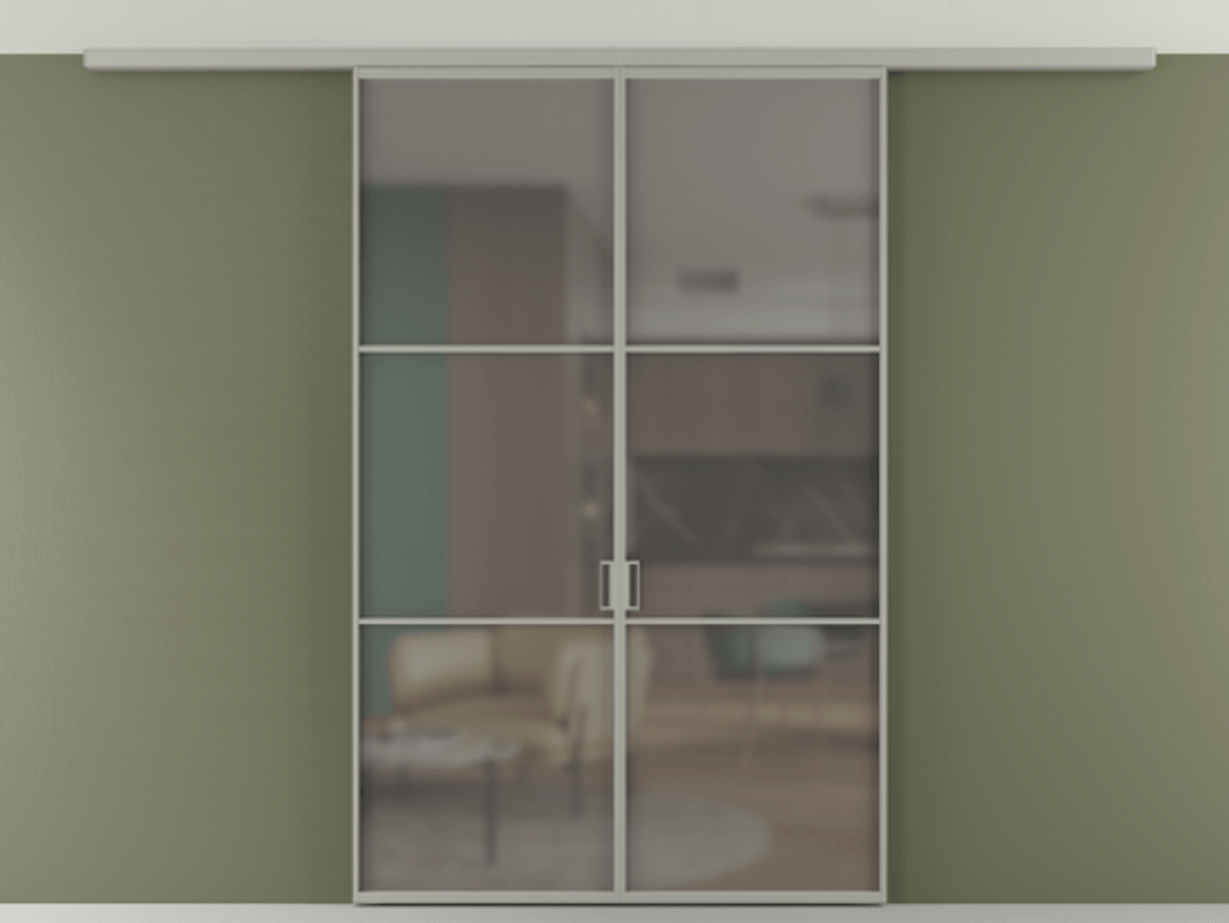 Перегородка Формато вдоль стены на потолок 2 створки АЛПР 040.03 Алюминий нейтральный серый Сатинированное серое стекло, триплекс Цена 1537090 AMD | Volhovec