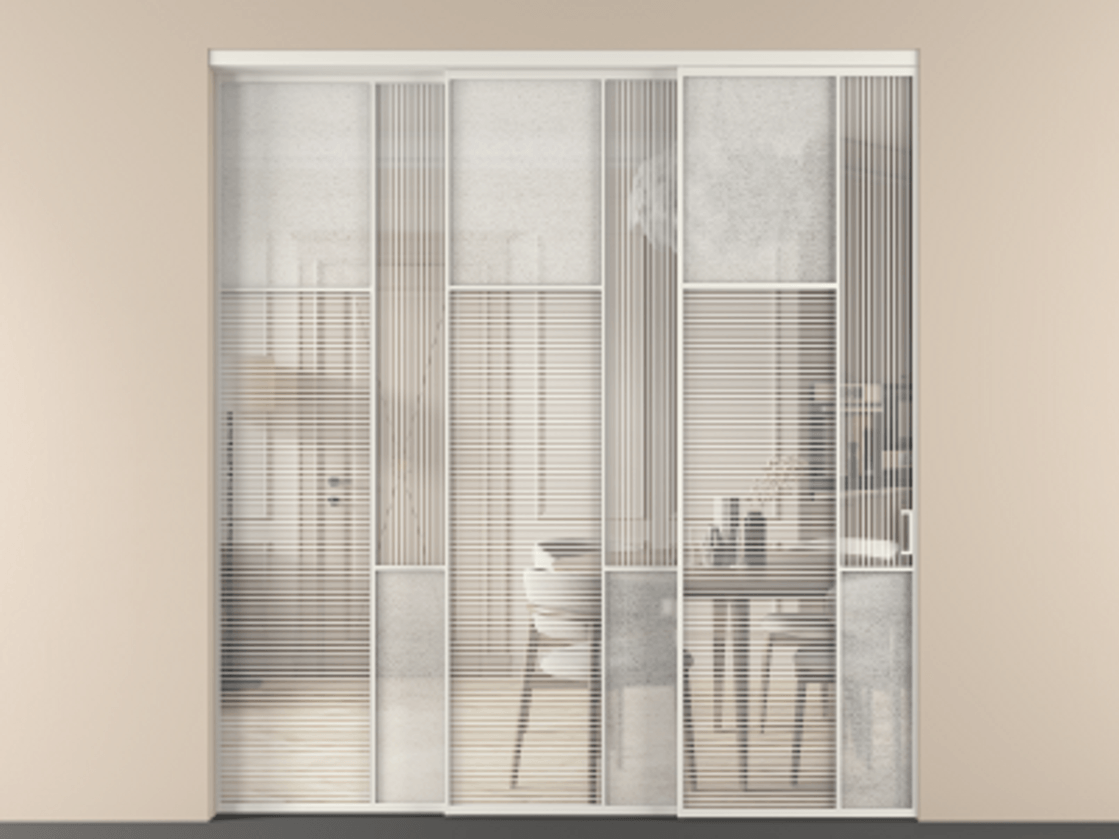 Перегородка Mosaic внутри проёма телескопик синхро 2 АЛПР 041.10 Алюминий Белый Рифлёное стекло "Дюна", триплекс, 6 мм + Фактурное стекло "Лёд", триплекс, 6 мм Цена 2814541 AMD | Volhovec