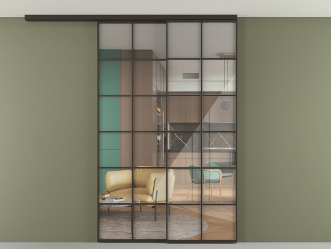 Перегородка Формато вдоль стены на потолок 2 створки с синхронным механизмом АЛПР 040.05 Алюминий антрацит Рефлективное прозрачное стекло "Стопсол", калёное Цена 2053570 AMD | Volhovec