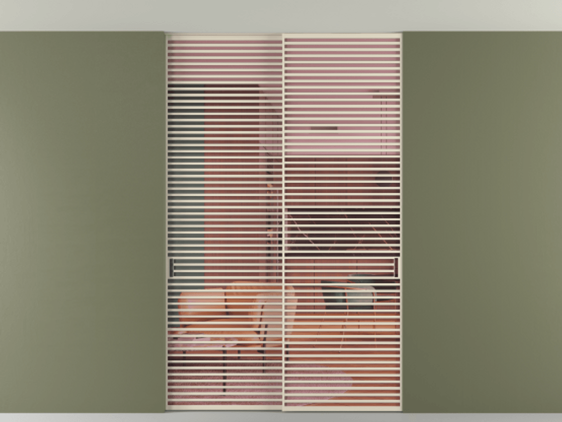 Межкомнатная дверь New Перегородка Formato внутри проёма двустворчатая со скрытым креплением в потолок АЛПР 040.07 Алюминий бежево-серый Прозрачное розовое стекло, триплекс Цена 3259600  | Volhovec