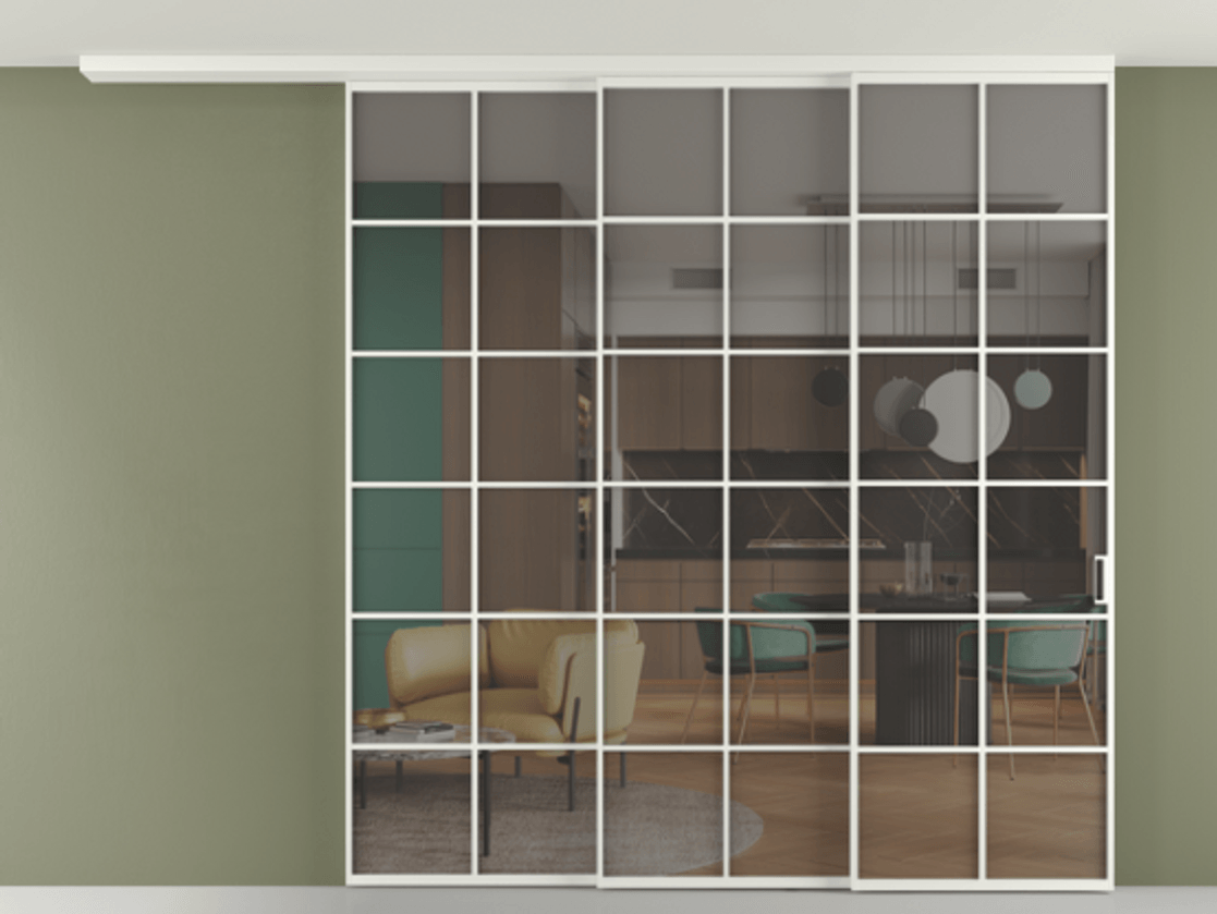 Перегородка Формато вдоль стены на потолок 3 створки с синхронным механизмом АЛПР 040.05 Алюминий светло-серый Прозрачное серое стекло, триплекс Цена 2719710 AMD | Volhovec