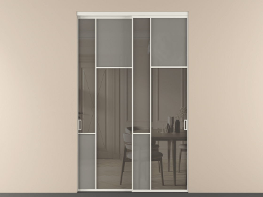 Перегородка Mosaic внутри проёма двустворчатая АЛПР 041.11 Алюминий Белый Сатинированное серое стекло, триплекс, 6 мм + Прозрачное серое стекло, триплекс, 6 мм Цена 218160 ₽ | Volhovec