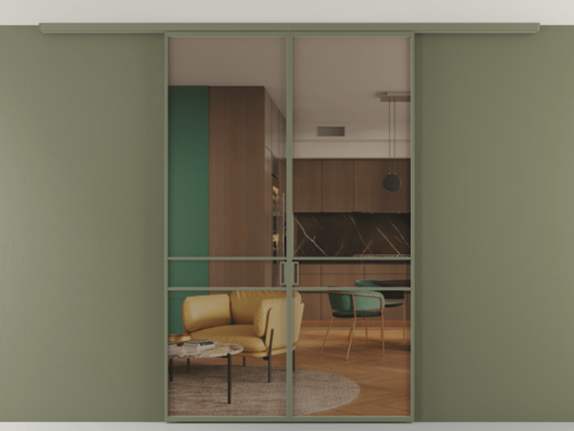 Перегородка Формато вдоль стены на потолок 2 створки АЛПР 040.02 Алюминий оливковый тёмный Прозрачное бронзовое стекло, триплекс Цена 1258530 AMD | Volhovec