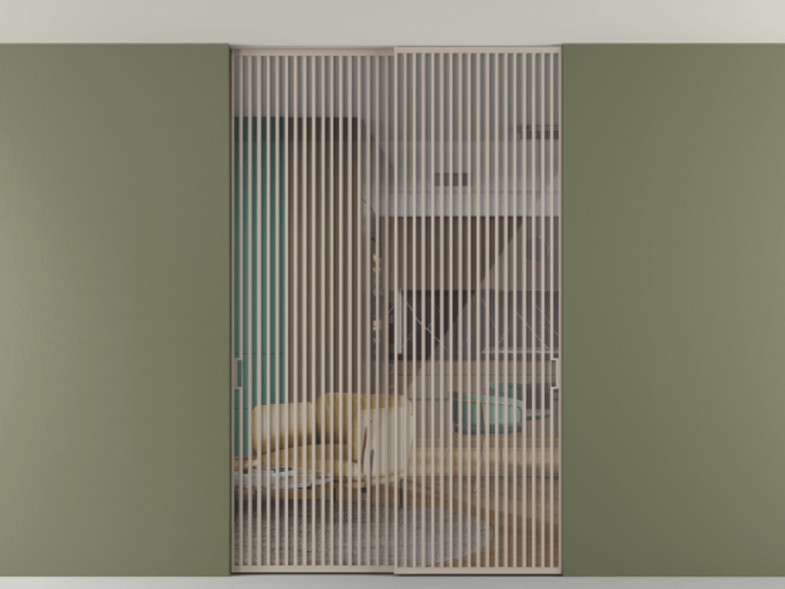 Перегородка Формато внутри проёма скрытое крепление в потолок 2 створки АЛПР 040.06 Алюминий бисквитный Рефлективное прозрачное стекло "Стопсол", калёное Цена 3514430 AMD | Volhovec