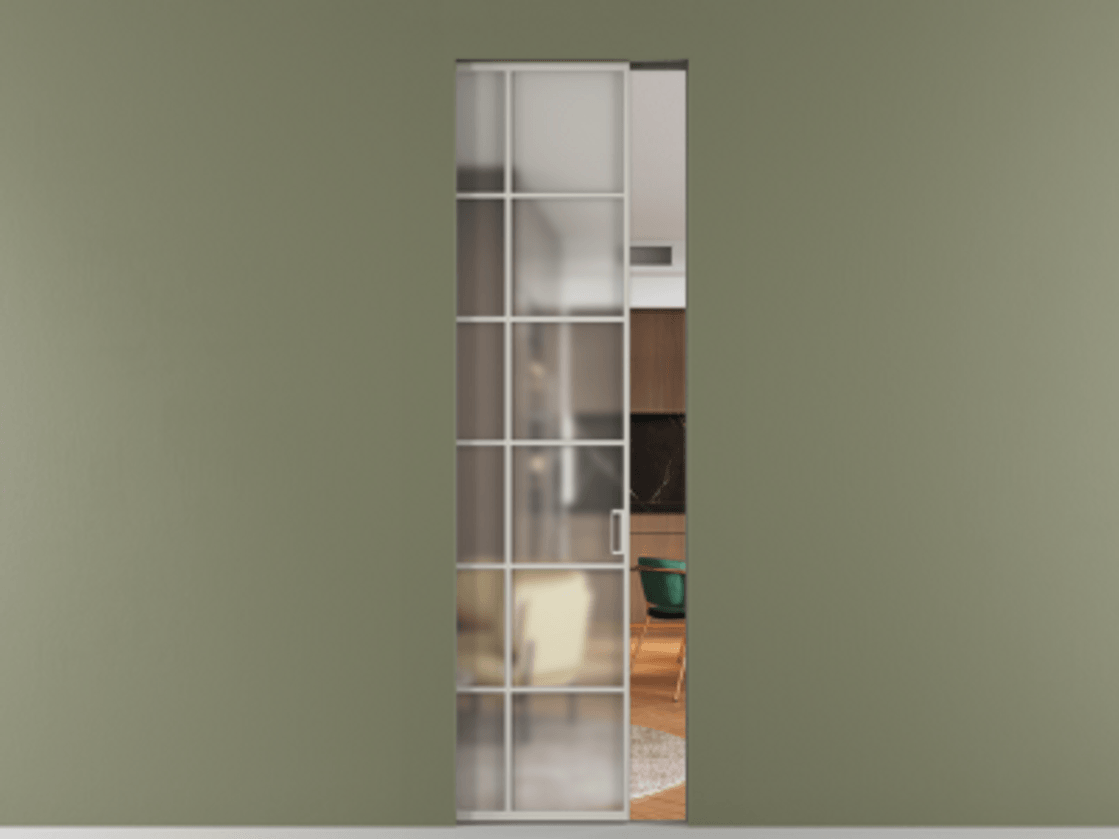 Перегородка Формато скрытый пенал 1 створка АЛПР 040.05 Алюминий тёплый серый Сатинированное стекло "Мателюкс Кристал Вижн", калёное, матовое, каленое 6 мм Цена 1133130 AMD | Volhovec