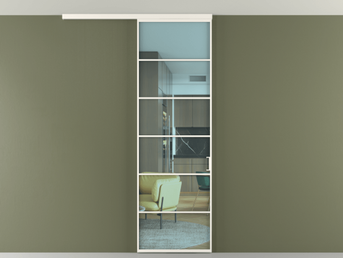 Перегородка Формато вдоль стены на потолок 1 створка АЛПР 040.04 Алюминий пудровый белый Прозрачное голубое стекло, триплекс Цена 696600 AMD | Volhovec