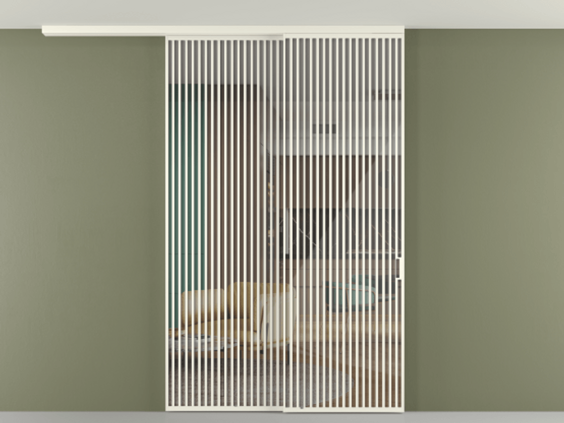 Перегородка Формато вдоль стены на потолок 2 створки с синхронным механизмом АЛПР 040.06 Алюминий жемчужный Рефлективное прозрачное стекло "Стопсол", калёное Цена 3124200 AMD | Volhovec