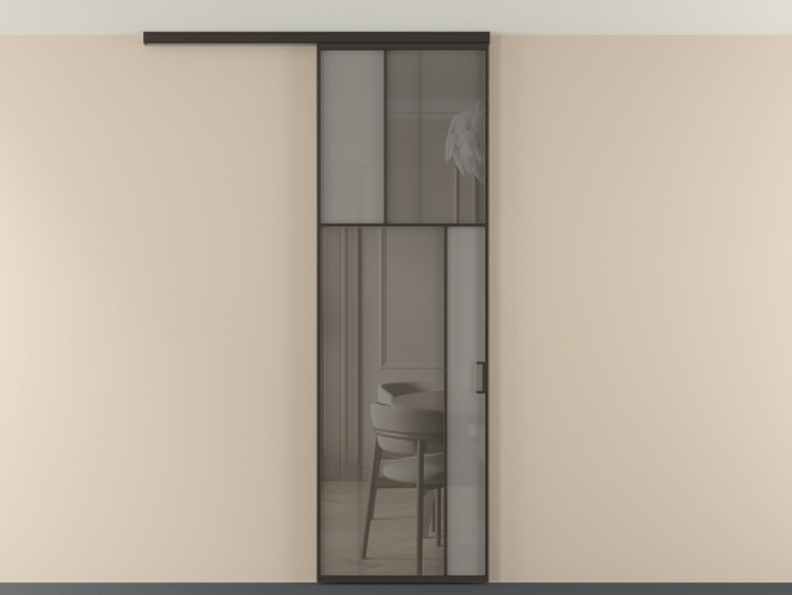 Перегородка Мозаик вдоль стены на потолок 1 створка АЛПР 041.23 Алюминий антрацит Сатинированное серое стекло, триплекс, 6 мм + Прозрачное серое стекло, триплекс Цена 910710 AMD | Volhovec