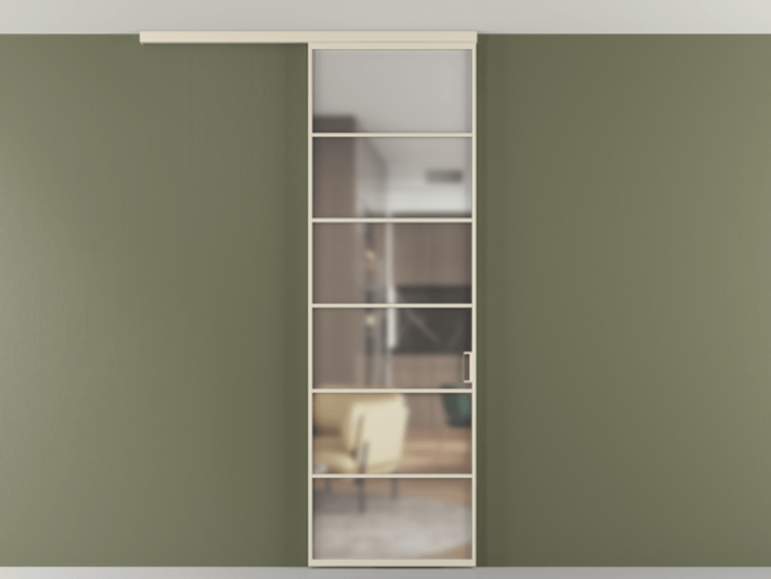 Перегородка Formato вдоль стены на потолок 1 створка АЛПР 040.04 Алюминий бежево-серый Сатинированное стекло "Мателюкс Кристал Вижн", калёное, матовое, каленое 6 мм Цена 134090 ₽ | Volhovec