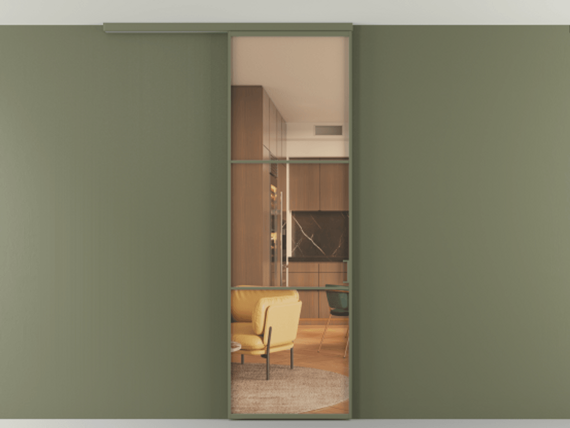 Перегородка Формато вдоль стены на потолок 1 створка АЛПР 040.03 Алюминий оливковый тёмный Прозрачное оранжевое стекло, триплекс Цена 653200 AMD | Volhovec