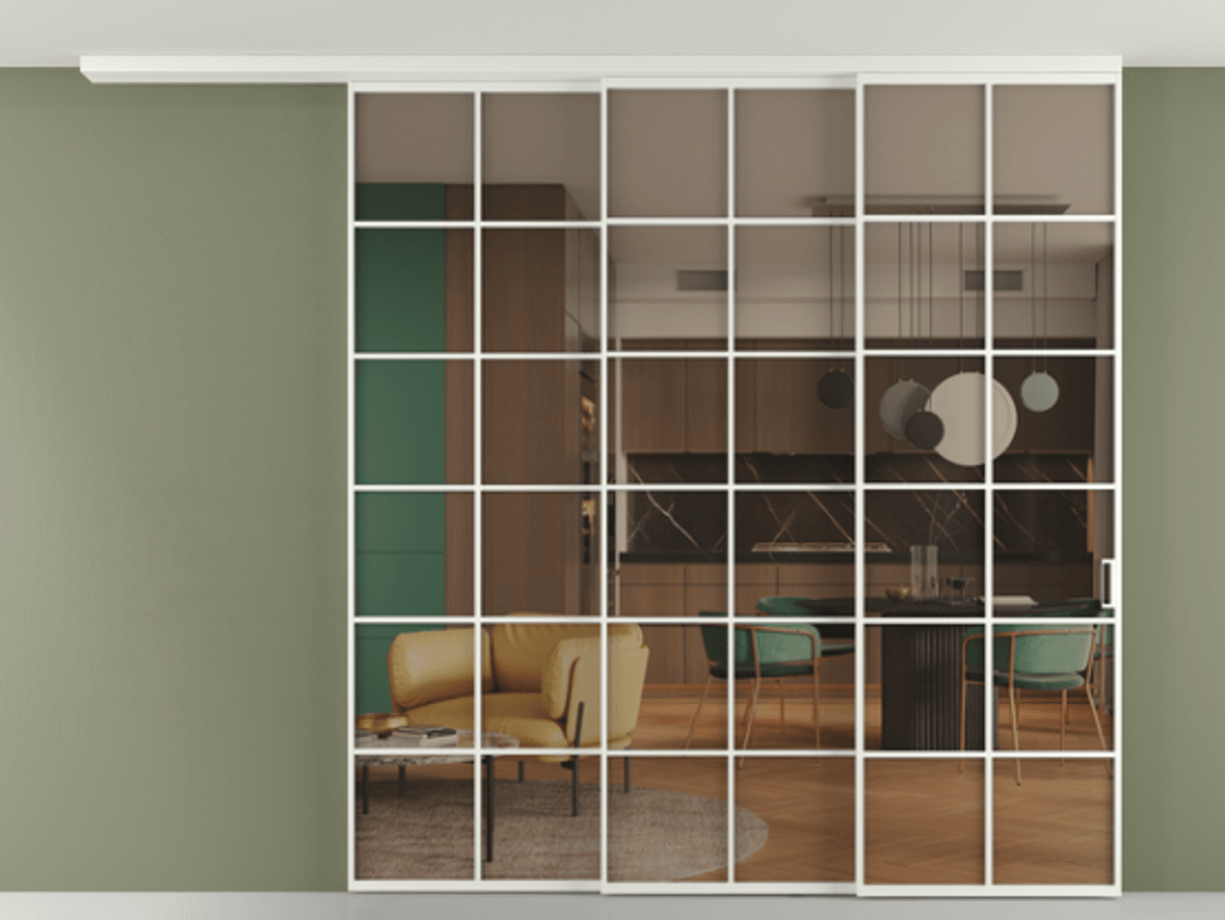 Перегородка Формато вдоль стены на потолок 3 створки с синхронным механизмом АЛПР 040.05 Алюминий светло-серый Прозрачное бронзовое стекло, триплекс Цена 483930 ₽ | Volhovec