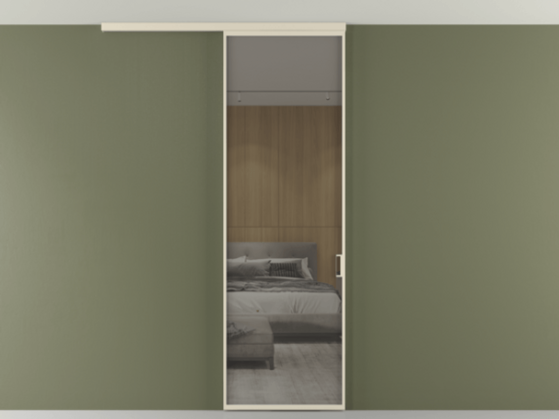 Перегородка Формато вдоль стены на потолок 1 створка АЛПР 040.01 Алюминий бежево-серый Рефлективное серое стекло "Стопсол", калёное Цена 806380 AMD | Volhovec