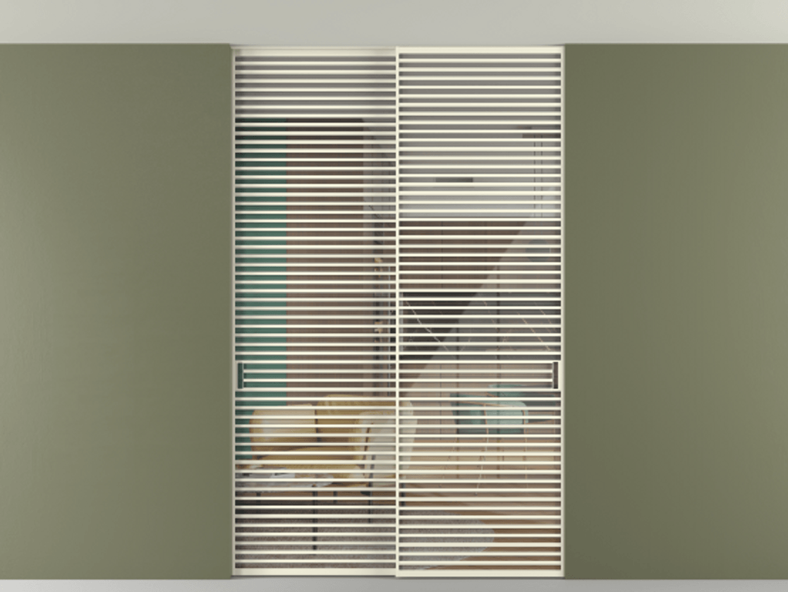 Перегородка Формато внутри проёма скрытое крепление в потолок 2 створки АЛПР 040.07 Алюминий молочно-белый Рефлективное прозрачное стекло "Стопсол", калёное Цена 625340 ₽ | Volhovec