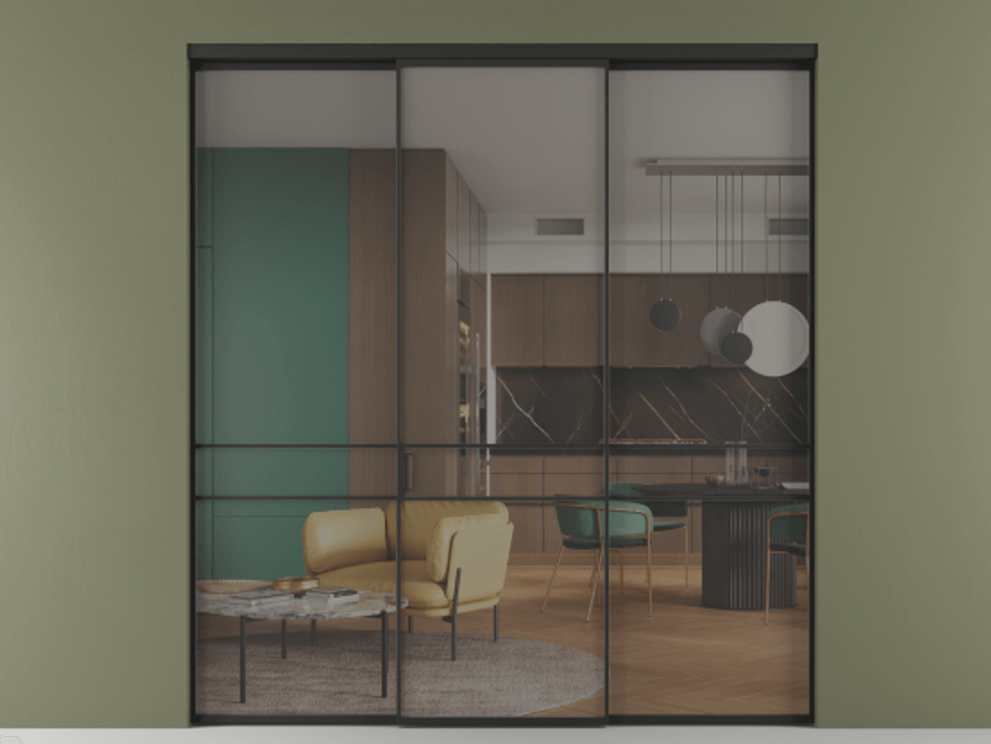 Перегородка Формато внутри проёма 3 створки АЛПР 040.02 Алюминий Черный Рефлективное серое стекло "Стопсол", калёное Цена 2060970 AMD | Volhovec