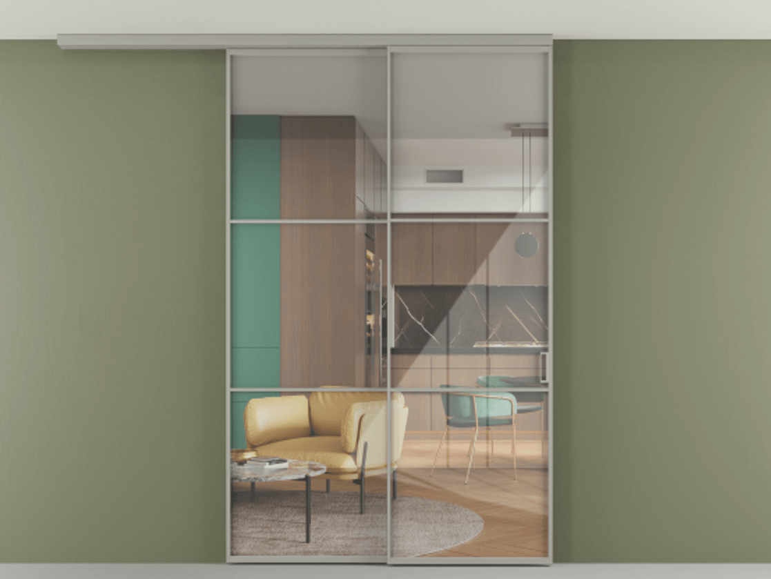 Перегородка Формато вдоль стены на потолок 2 створки с синхронным механизмом АЛПР 040.03 Алюминий нейтральный серый Рефлективное прозрачное стекло "Стопсол", калёное Цена 1960990 AMD | Volhovec