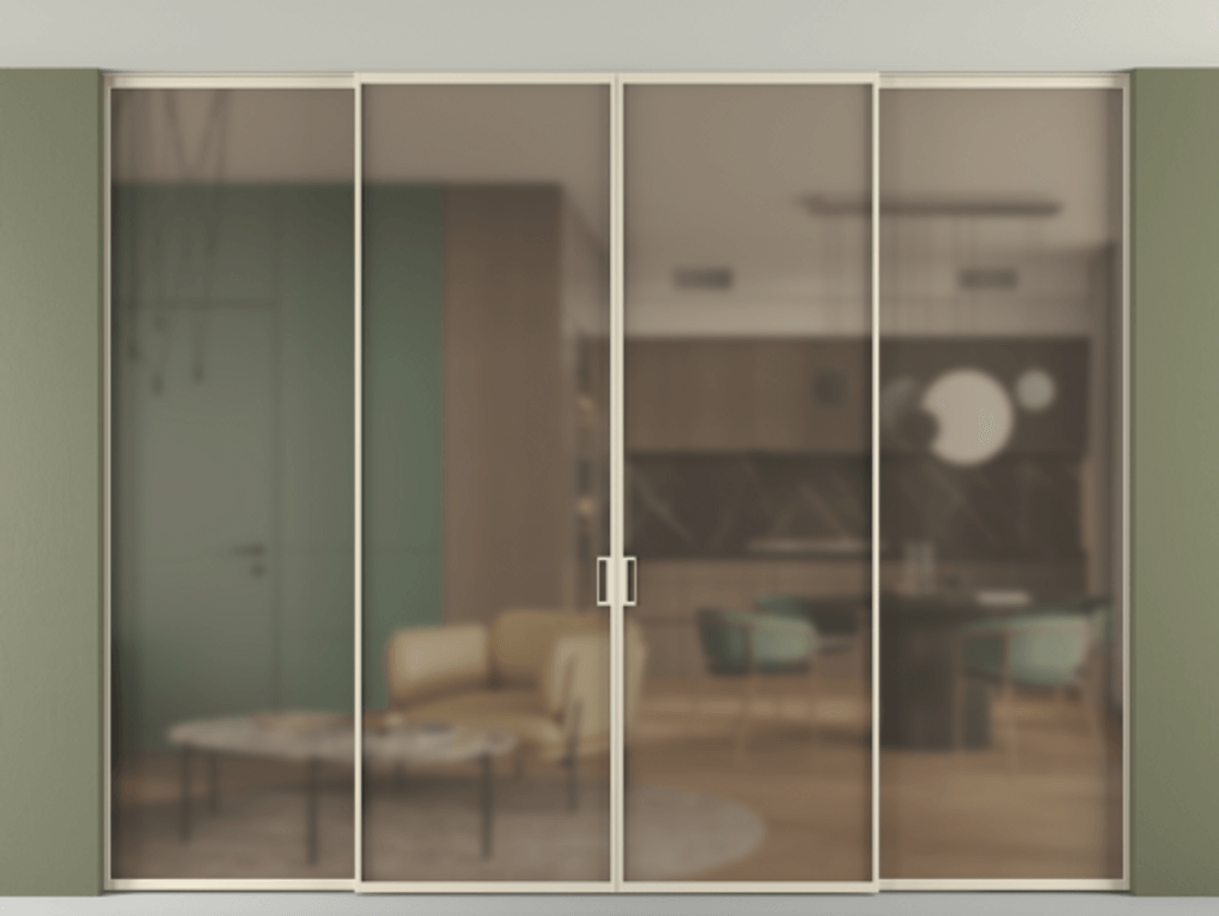Перегородка Формато внутри проёма скрытое крепление в потолок 4 створки АЛПР 040.01 Алюминий бежево-серый Сатинированное бронзовое стекло, триплекс Цена 2850760 AMD | Volhovec