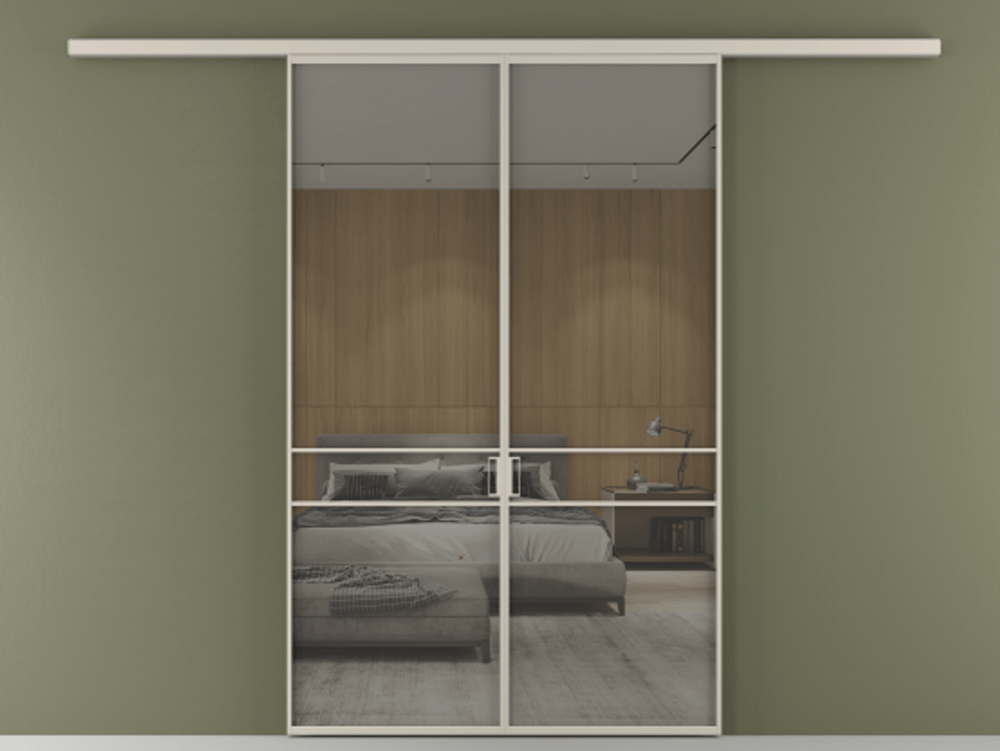 Перегородка Формато вдоль стены 2 створки АЛПР 040.02 Алюминий светло-бежевый Рефлективное серое стекло "Стопсол", калёное Цена 1679260 AMD | Volhovec