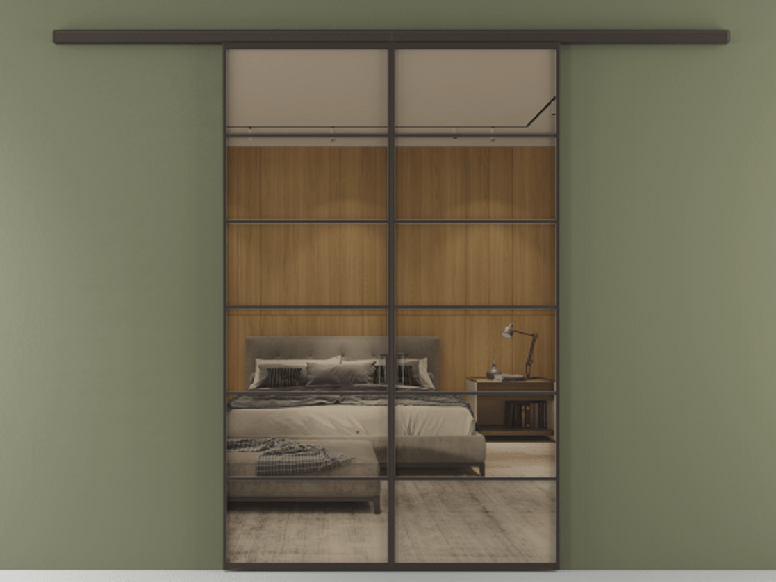 Перегородка Формато вдоль стены 2 створки АЛПР 040.04 Алюминий антрацит Рефлективное бронзовое стекло "Стопсол", калёное Цена 1784460 AMD | Volhovec