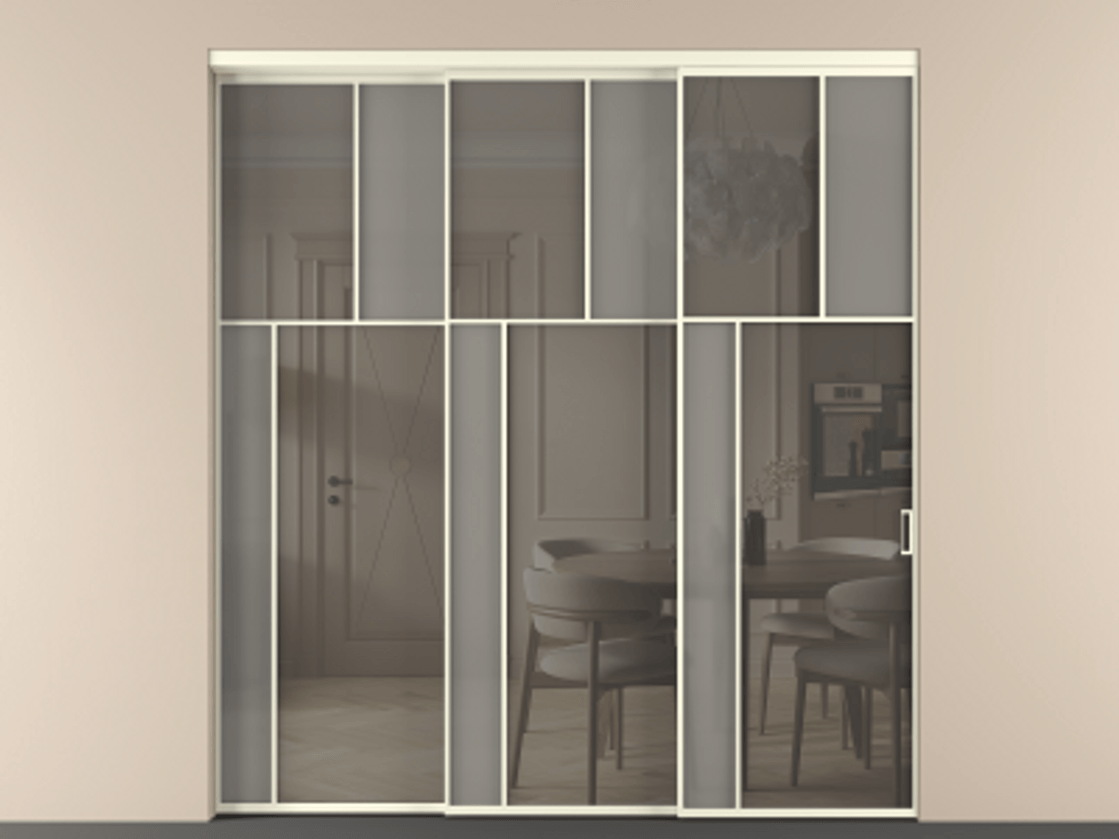 Перегородка Мозаик внутри проёма 3 створки с синхронным механизмом АЛПР 041.22 Алюминий молочно-белый Сатинированное серое стекло, триплекс, 6 мм + Прозрачное серое стекло, триплекс Цена 437390 ₽ | Volhovec