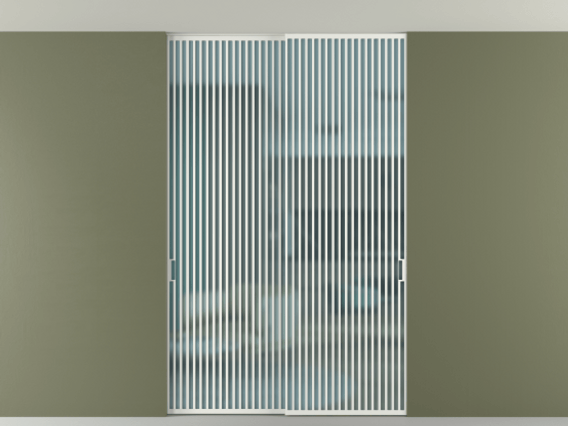 Перегородка Формато внутри проёма скрытое крепление в потолок 2 створки АЛПР 040.06 Алюминий светло-серый Сатинированное голубое стекло, триплекс Цена 2764500 AMD | Volhovec