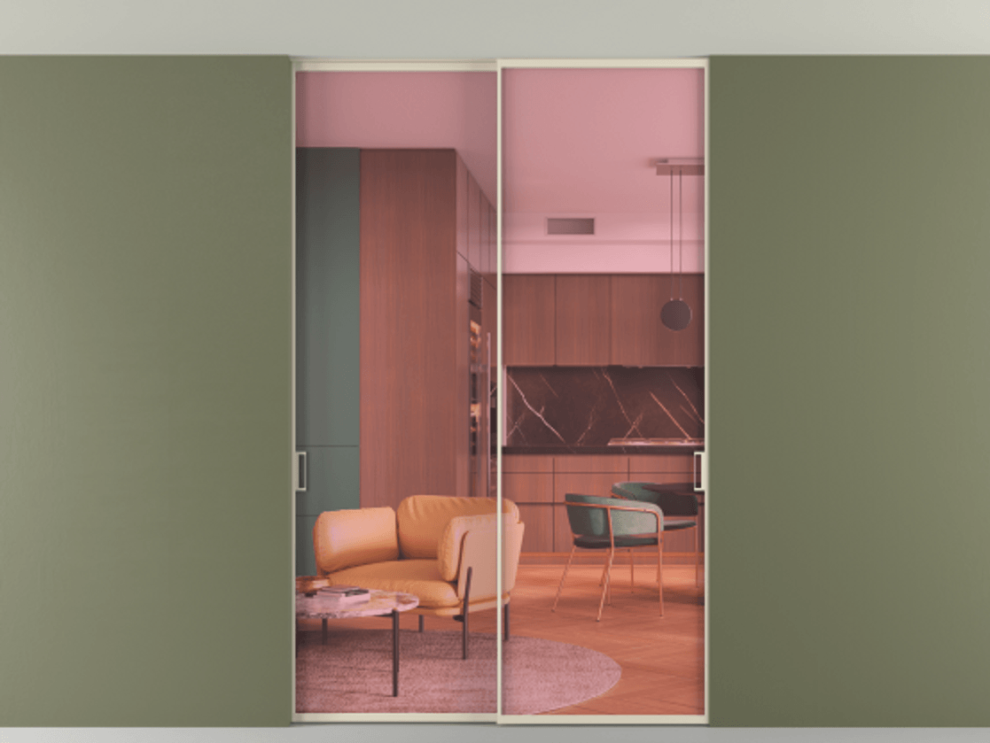 Перегородка Формато внутри проёма скрытое крепление в потолок 2 створки АЛПР 040.01 Алюминий бежево-серый Прозрачное розовое стекло, триплекс Цена 1665600 AMD | Volhovec